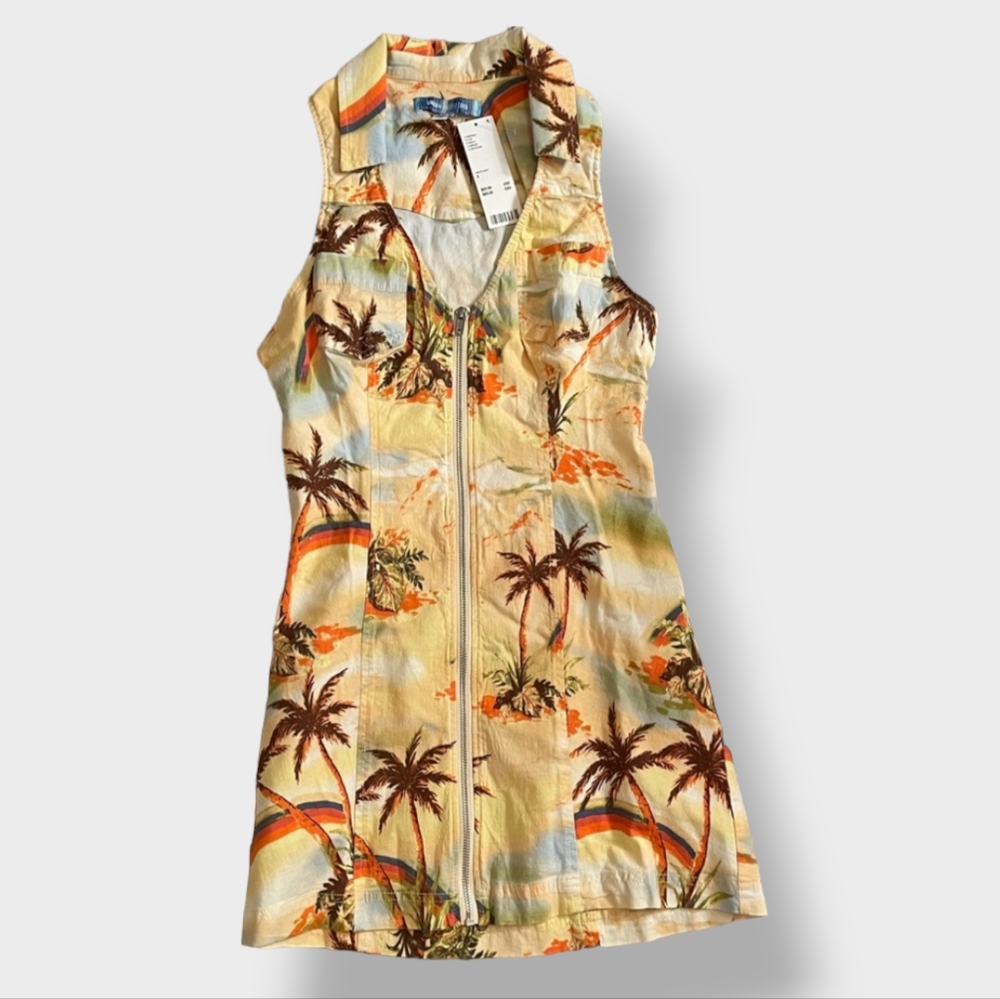 Palm Tree Rainbow Print Linen Micro Mini Dress - Urban Outfitters Freya - Picture 2 of 9